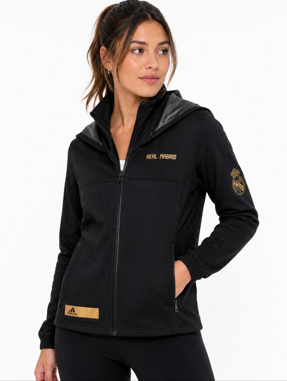 Adidas Real Madrid Zip-Up Jacket Black Gold Logo Size L (Women’s) Athletic Hoodi